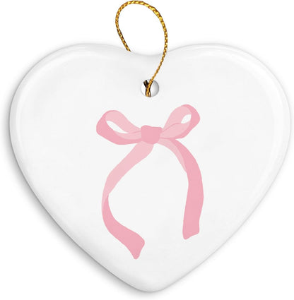 Coquette Trendy Pink Bow Ornament, Keepsake Sign for Christmas Tree, Ceramic Heart Keepsake Birthday Decorations