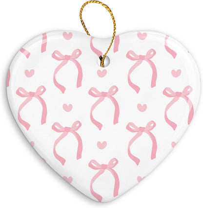 Coquette Trendy Pink Bow Ornament, Keepsake Sign for Christmas Tree, Ceramic Heart Keepsake Birthday Decorations