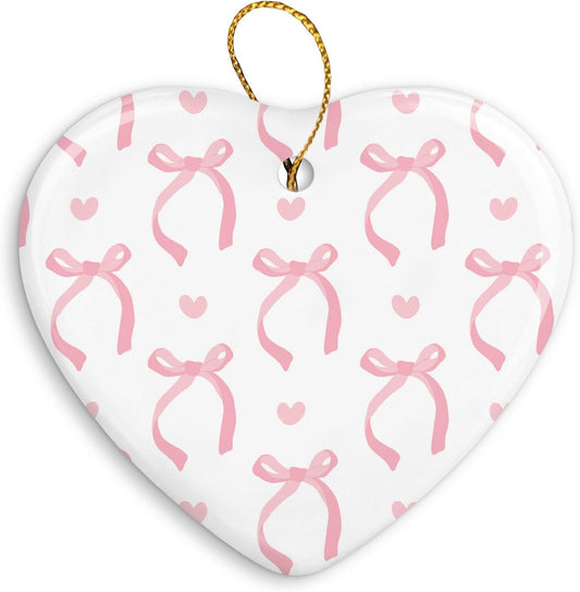 Coquette Trendy Pink Bow Ornament, Keepsake Sign for Christmas Tree, Ceramic Heart Keepsake Birthday Decorations