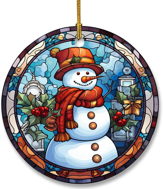 Snowman Ceramic Ornament in Stained Glass Patterns, Christmas Ceramic Hanging Ornament, Christmas Tree Ornament for Home Decors, Retro Style Funny Snowman Hanging Decors